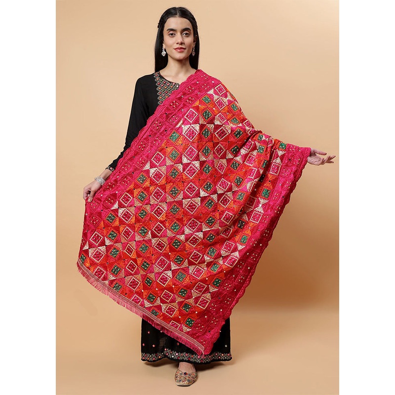 Magenta Chinon Phulkari Work Dupatta - JD986598101