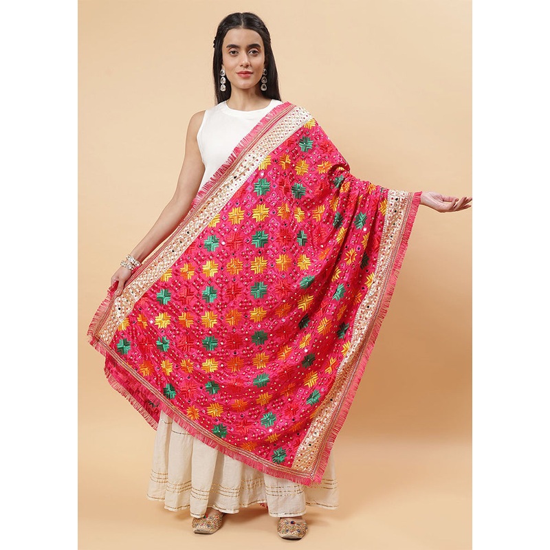 Magenta Chinon Phulkari Work Dupatta - JD986598103