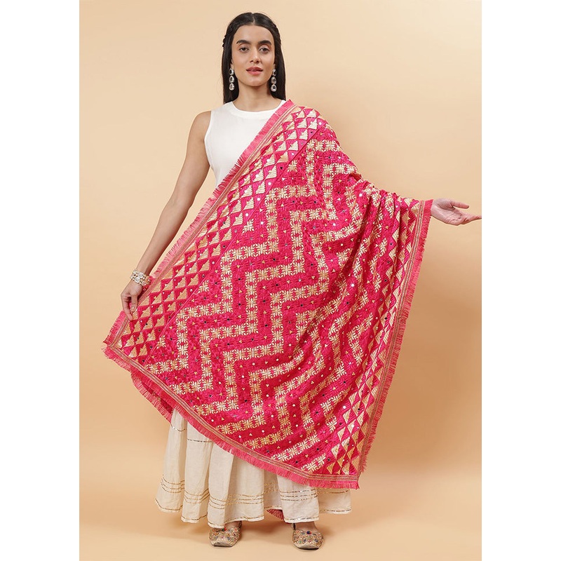 Magenta Chinon Phulkari Work Dupatta - JD986598104
