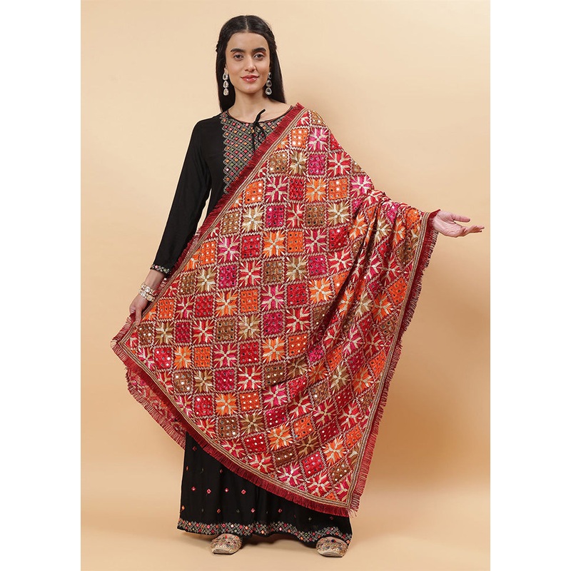 Maroon Chinon Phulkari Work Dupatta - JD986598093
