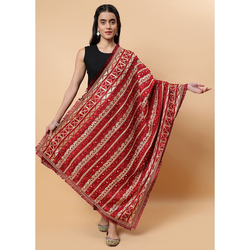 Maroon Chinon Phulkari Work Dupatta - JD986598094