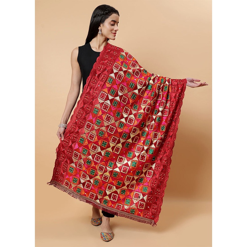 Maroon Chinon Phulkari Work Dupatta - JD986598095