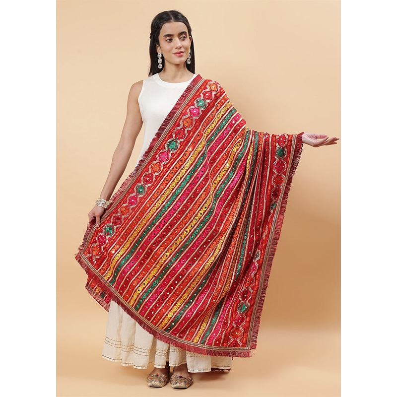 Maroon Chinon Phulkari Work Dupatta - JD986598096