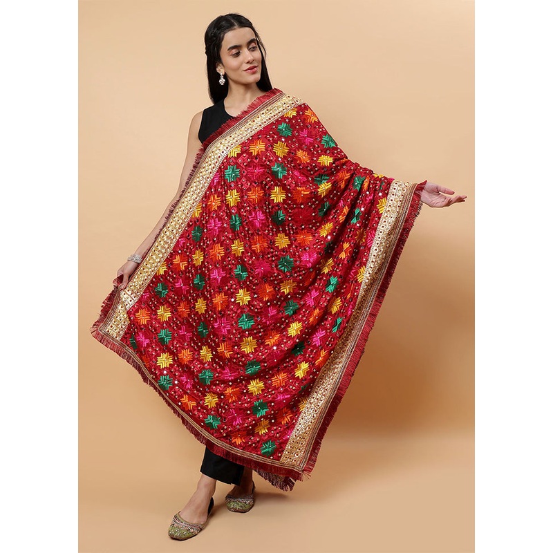 Maroon Chinon Phulkari Work Dupatta - JD986598097