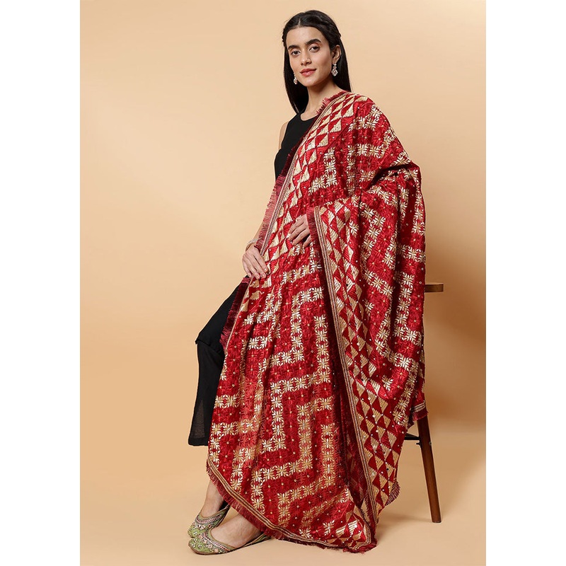 Maroon Chinon Phulkari Work Dupatta - JD986598098