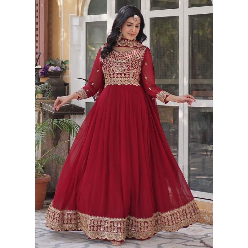 Maroon Readymade Georgette Dupatta Indian Dress - JD986597954