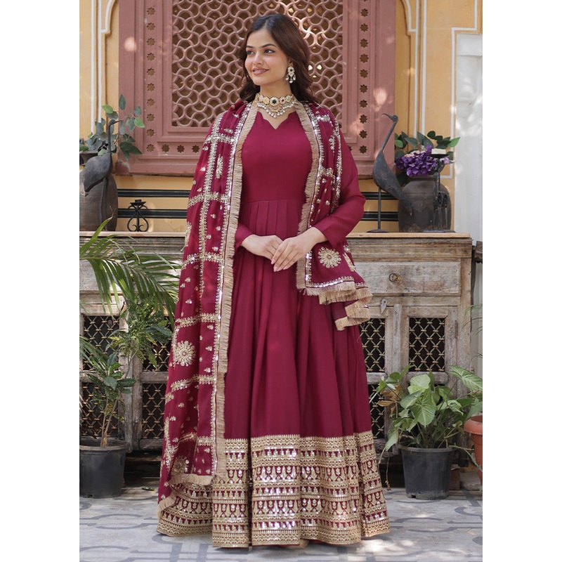 Maroon Readymade Georgette Dupatta Indian Dress - JD986597955