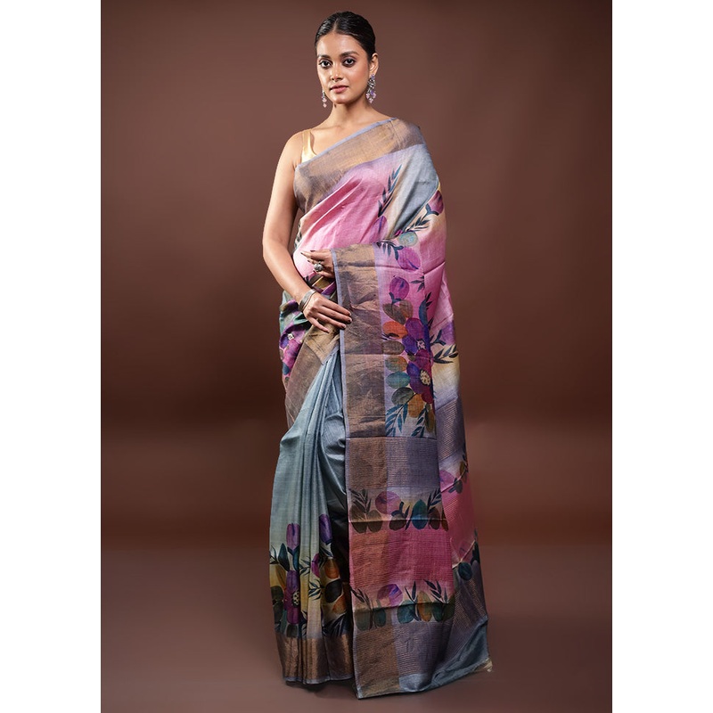 Multicolor Handloom Tussar Pure Silk Saree With Blouse Piece - JD986598025