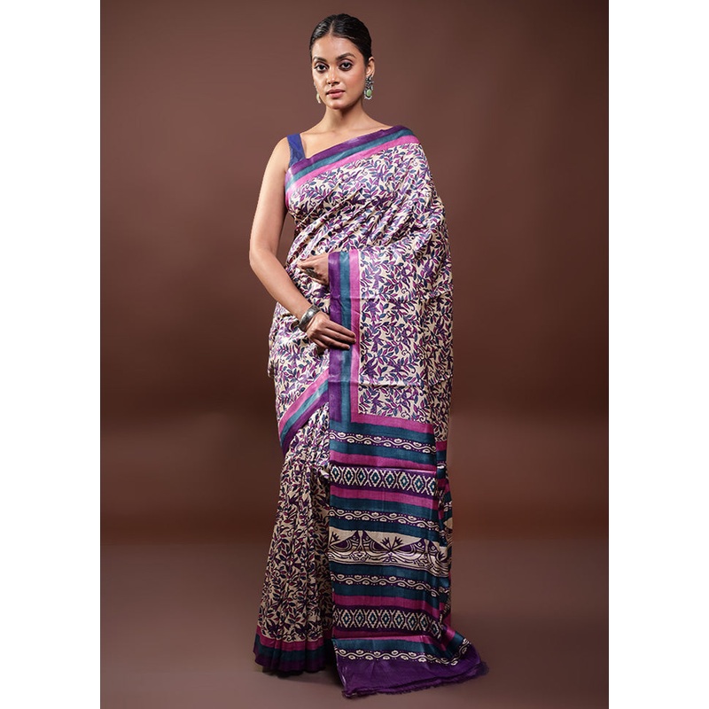 Multicolor Handloom Tussar Pure Silk Saree With Blouse Piece - JD986598027