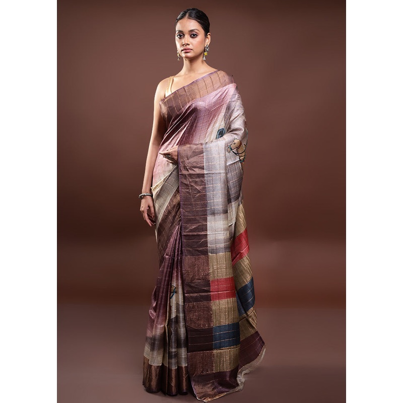 Multicolor Handloom Tussar Pure Silk Saree With Blouse Piece - JD986598029