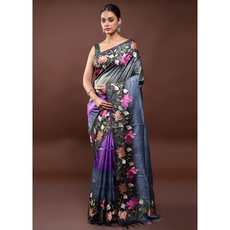 Multicolor Handloom Tussar Pure Silk Saree With Blouse Piece - JD986598030