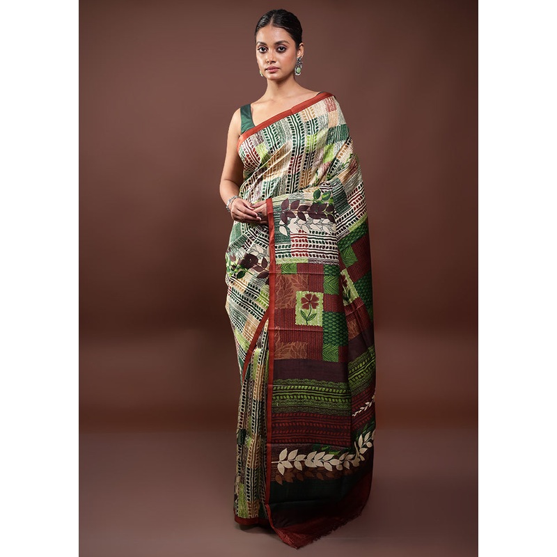 Multicolor Printed Pure Silk Saree Without Blouse Piece - JD986598016