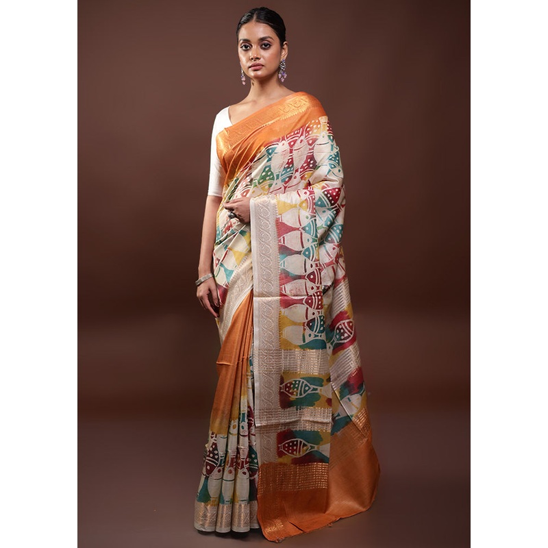 Multicolor Printed Pure Silk Saree Without Blouse Piece - JD986598020