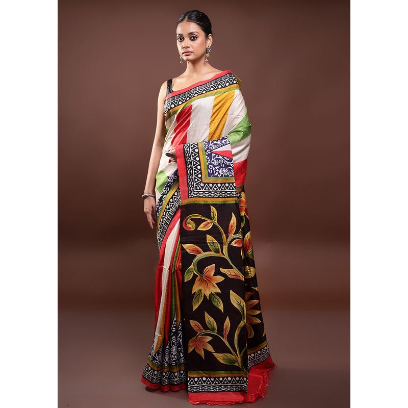 Multicolor Printed Pure Silk Saree Without Blouse Piece - JD986598022