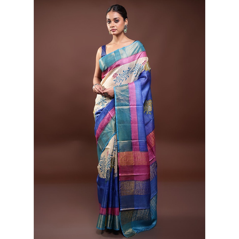Multicolor Tussar Silk Saree With Blouse Piece - JD986598011