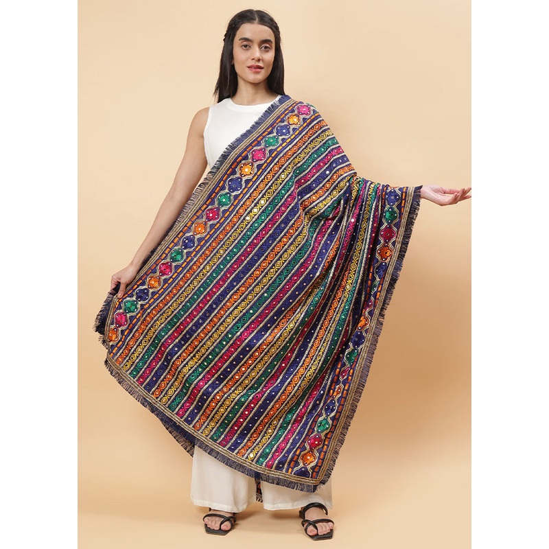 Navy Blue Chinon Phulkari Work Dupatta - JD986598089