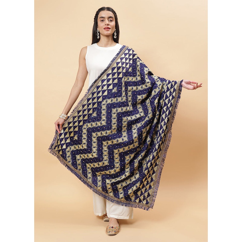 Navy Blue Chinon Phulkari Work Dupatta - JD986598090