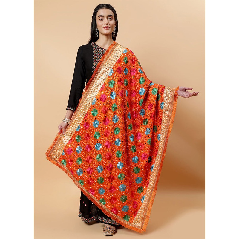 Orange Chinon Phulkari Work Dupatta - JD986598088