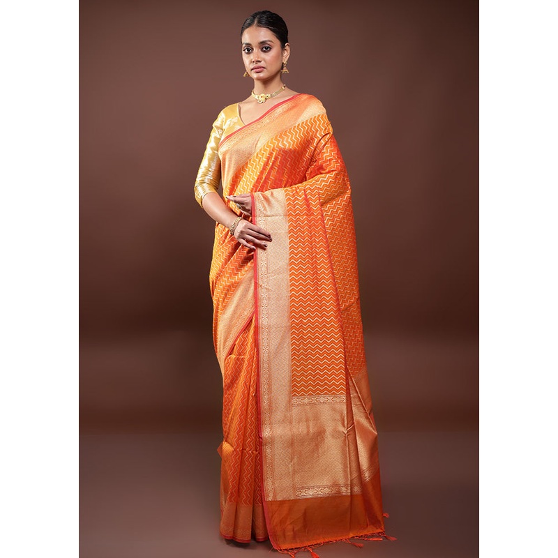 Orange Kora Silk Saree With Blouse Piece - JD986598008