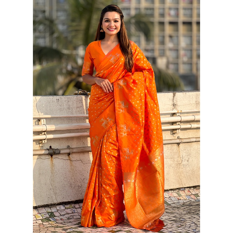 Orange Spun Silk Saree With Blouse Piece - JD986597975