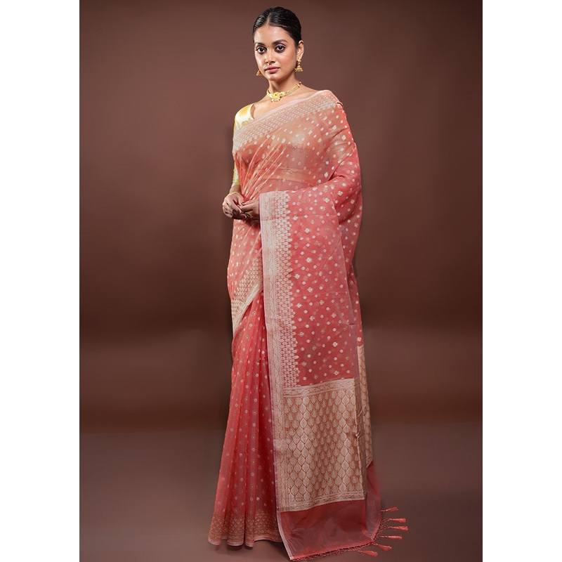Peach Kora Silk Saree With Blouse Piece - JD986598007