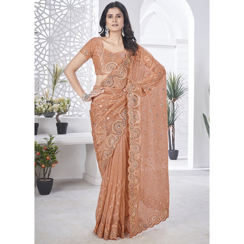 Peach Net Net Saree With Blouse Piece - JD986597974