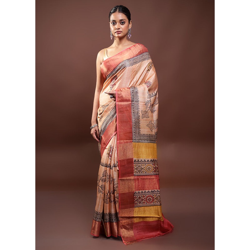 Peach Tussar Silk Saree With Blouse Piece - JD986598006
