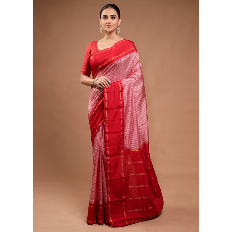 Pink Handloom Kanjivaram Pure Silk Saree With Blouse Piece - JD986598148