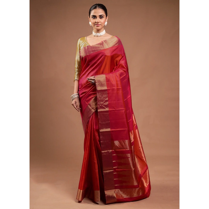 Pink Handloom Kanjivaram Pure Silk Saree With Blouse Piece - JD986598149
