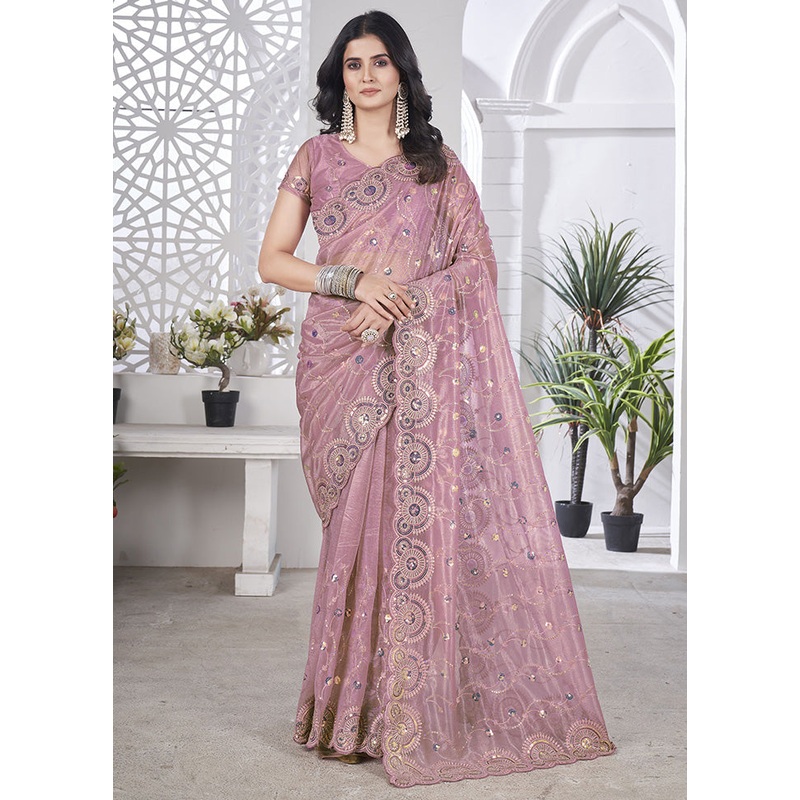 Pink Net Net Saree With Blouse Piece - JD986597973