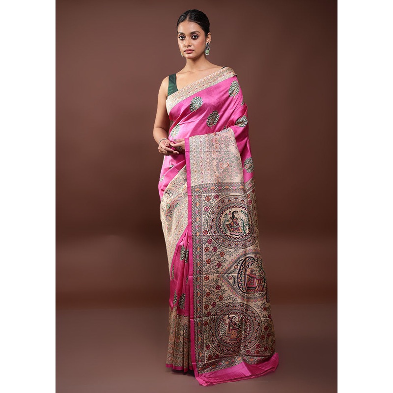 Pink Printed Pure Silk Saree Without Blouse Piece - JD986598001