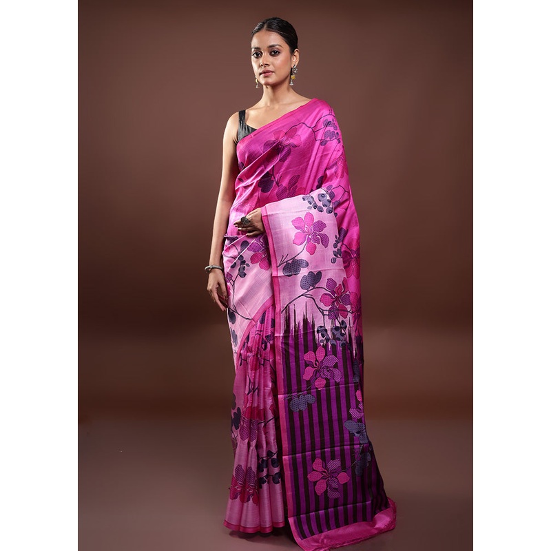 Pink Printed Pure Silk Saree Without Blouse Piece - JD986598002