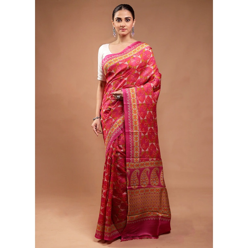 Pink Printed Pure Silk Saree Without Blouse Piece - JD986598139