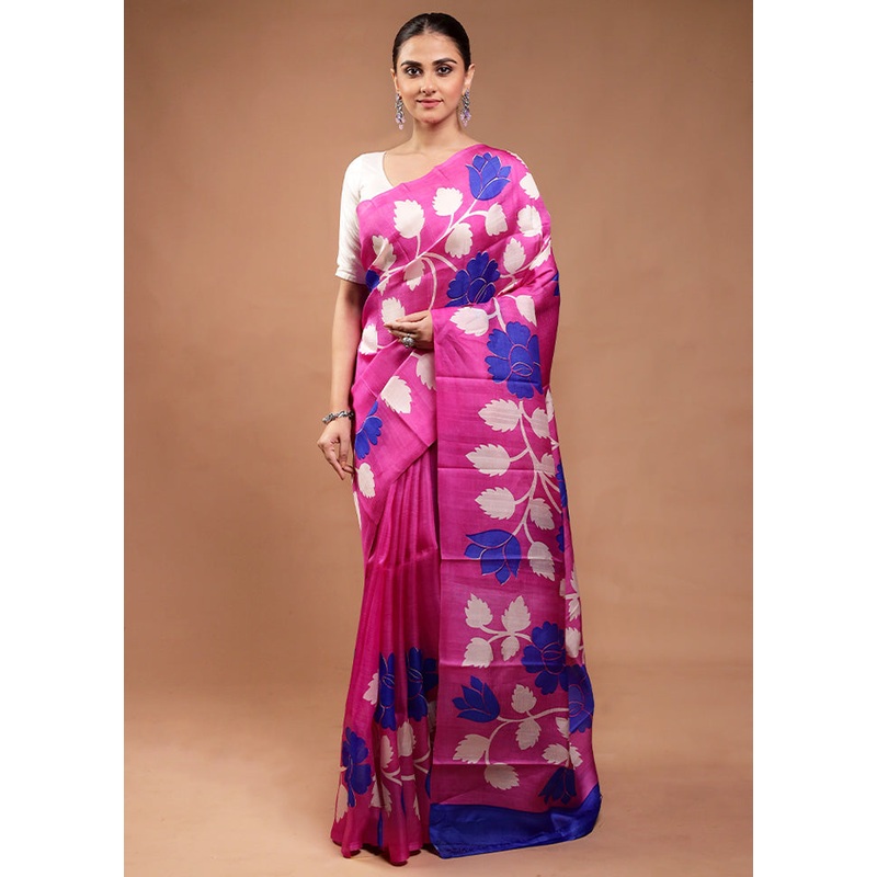 Pink Printed Pure Silk Saree Without Blouse Piece - JD986598140