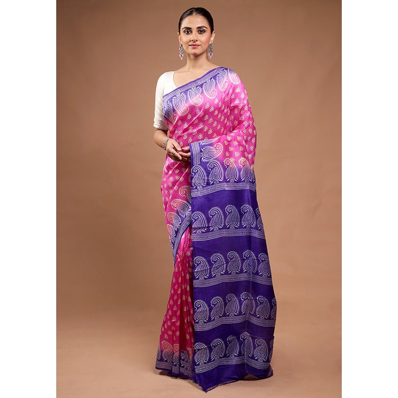 Pink Printed Pure Silk Saree Without Blouse Piece - JD986598143
