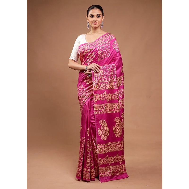 Pink Printed Silk Saree Without Blouse Piece - JD986598136