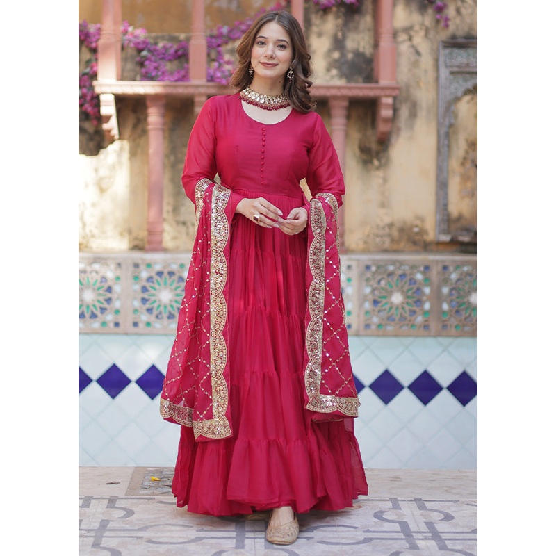 Pink Readymade Georgette Dupatta Indian Dress - JD986597953