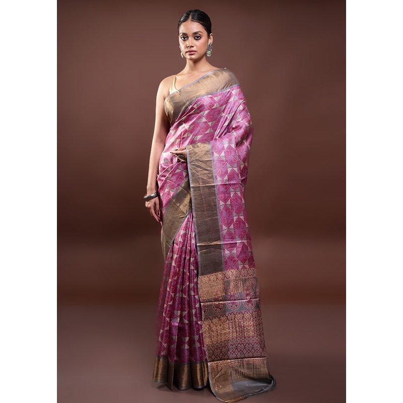 Pink Tussar Silk Saree With Blouse Piece - JD986597999