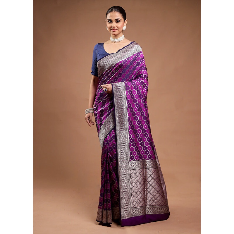 Purple Banarasi Silk Saree With Blouse Piece - JD986598135