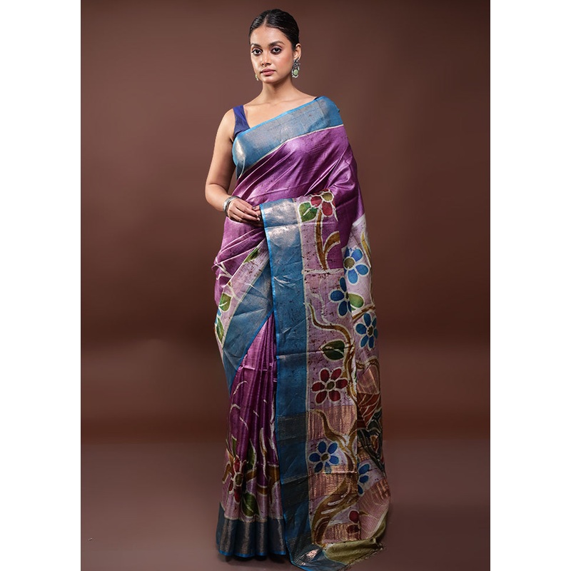 Purple Handloom Tussar Pure Silk Saree With Blouse Piece - JD986597996