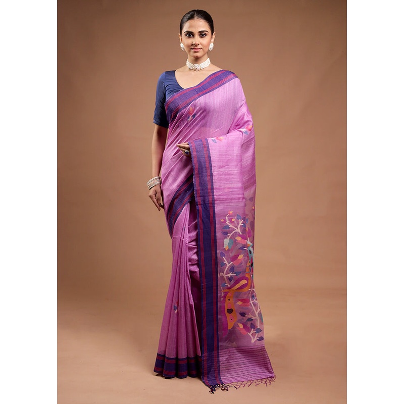 Purple Handloom Tussar Pure Silk Saree With Blouse Piece - JD986598132
