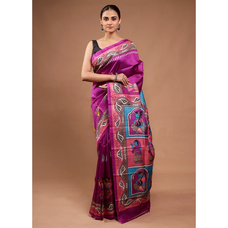 Purple Printed Pure Silk Saree Without Blouse Piece - JD986598131