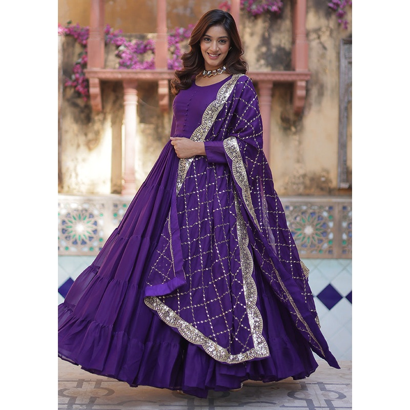 Purple Readymade Georgette Dupatta Indian Dress - JD986597952