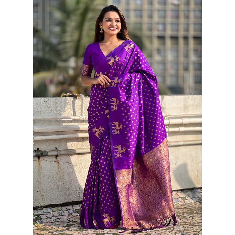 Purple Spun Silk Saree With Blouse Piece - JD986597970