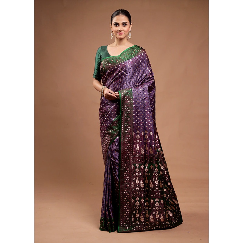 Purple Tanchoi Silk Saree With Blouse Piece - JD986598130