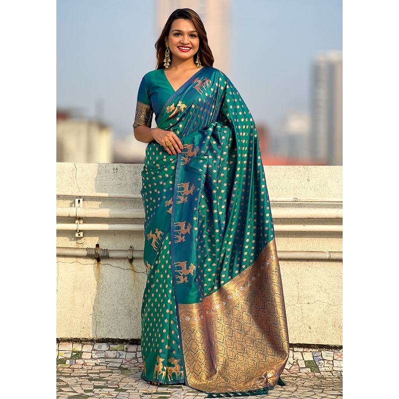 Rama Spun Silk Saree With Blouse Piece - JD986597969