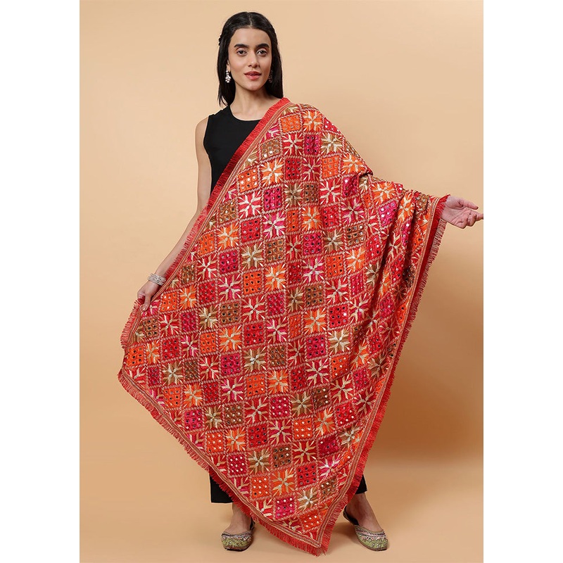 Red Chinon Phulkari Work Dupatta - JD986598082