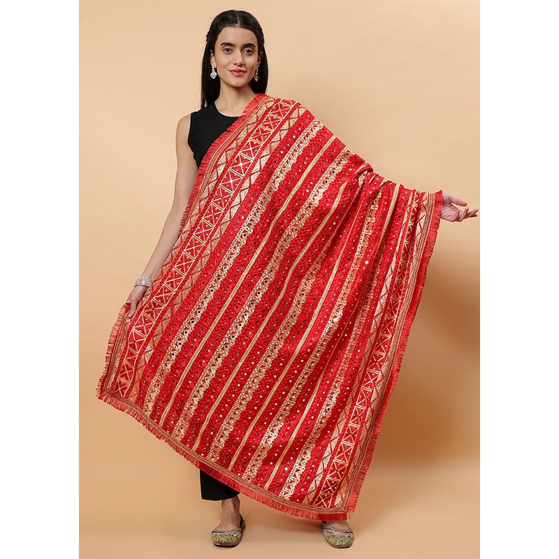 Red Chinon Phulkari Work Dupatta - JD986598083