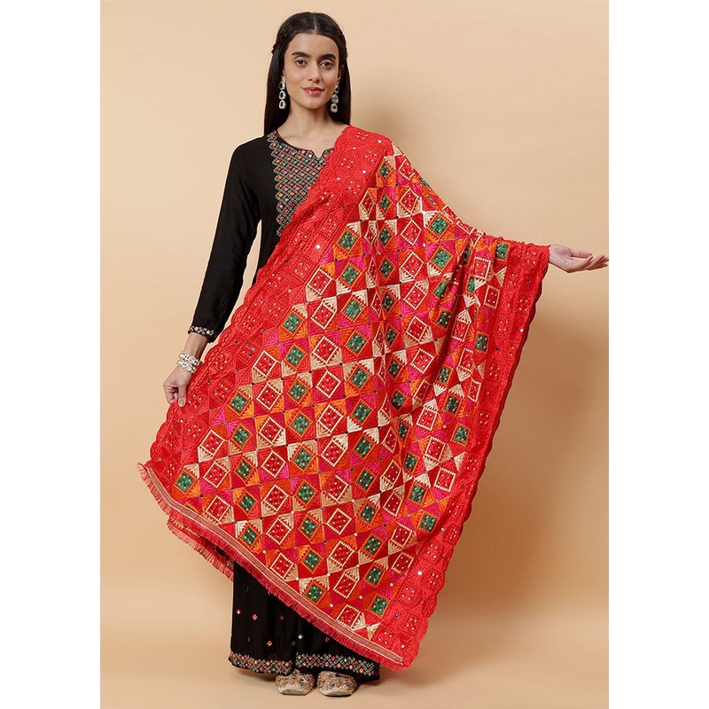 Red Chinon Phulkari Work Dupatta - JD986598084