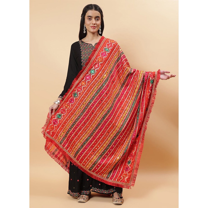 Red Chinon Phulkari Work Dupatta - JD986598085